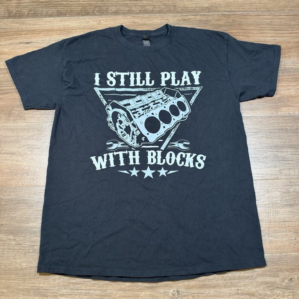 Gildan Heavy Cotton I Still Play With Blocks V8 Engine Mechanic T-Shirt L Black